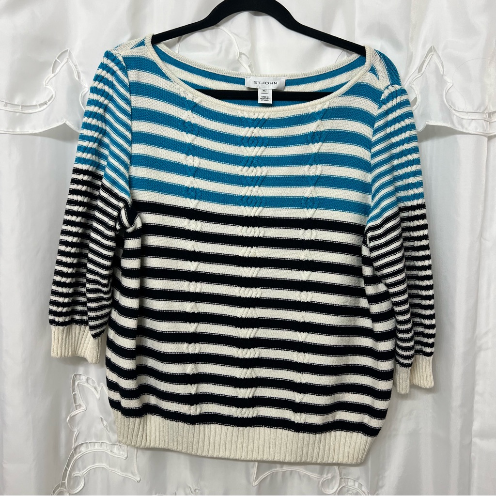 St. John 3/4 Sleeve Striped Boat Neck Sweater Size Xl